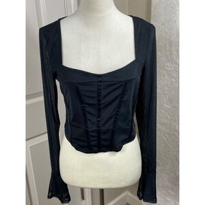 Cosmic Aura Womens Sexy Corset Top Black Sheer Sleeve Fairy Grunge Vamp Goth‎ L